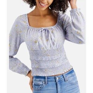 Planet Gold Juniors Square-Neck Smocked Top Blue Fog Size L Large Milkmaid